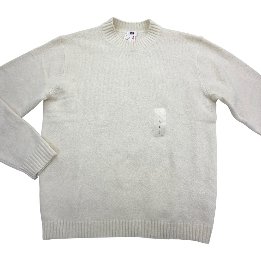 Uniqlo Sweater Mens L White Souffle Yarn Crew Neck Wool Blend Tight-Knit NWT